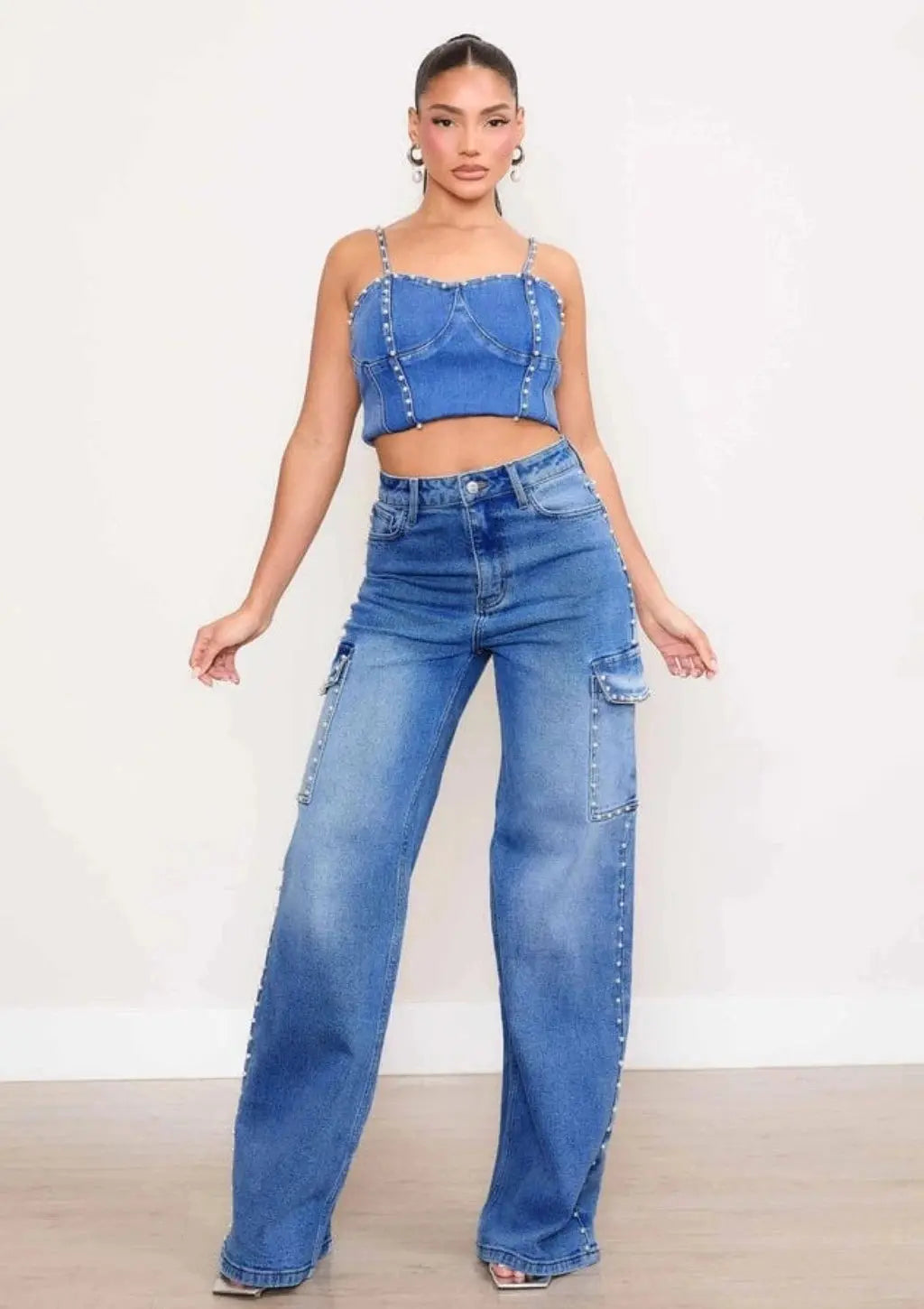 Pearl Adorned Denim Cargo Jeans JEANS Epicplacess   