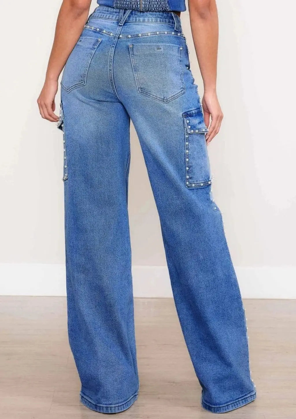Pearl Adorned Denim Cargo Jeans JEANS Epicplacess   