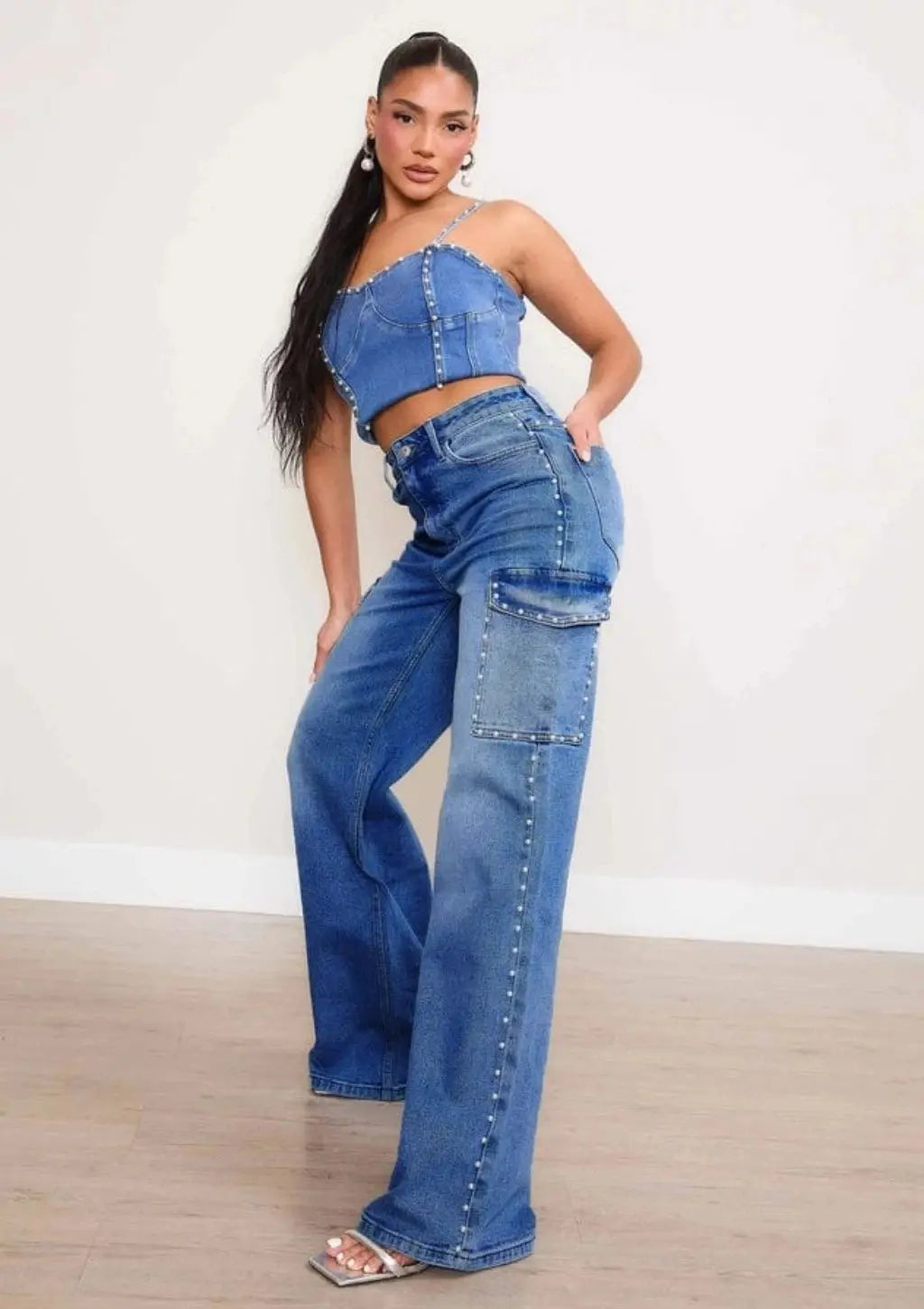 Pearl Adorned Denim Cargo Jeans JEANS Epicplacess   