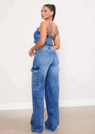 Pearl Adorned Denim Cargo Jeans JEANS Epicplacess   