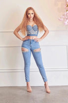 Rhinestone Curvy Stretch Skinny Jeans - Light Blue Wash JEANS Epicplacess   