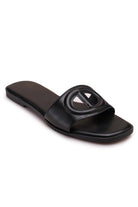 Black women's square toe flat slide sandal with geometric cutout strap