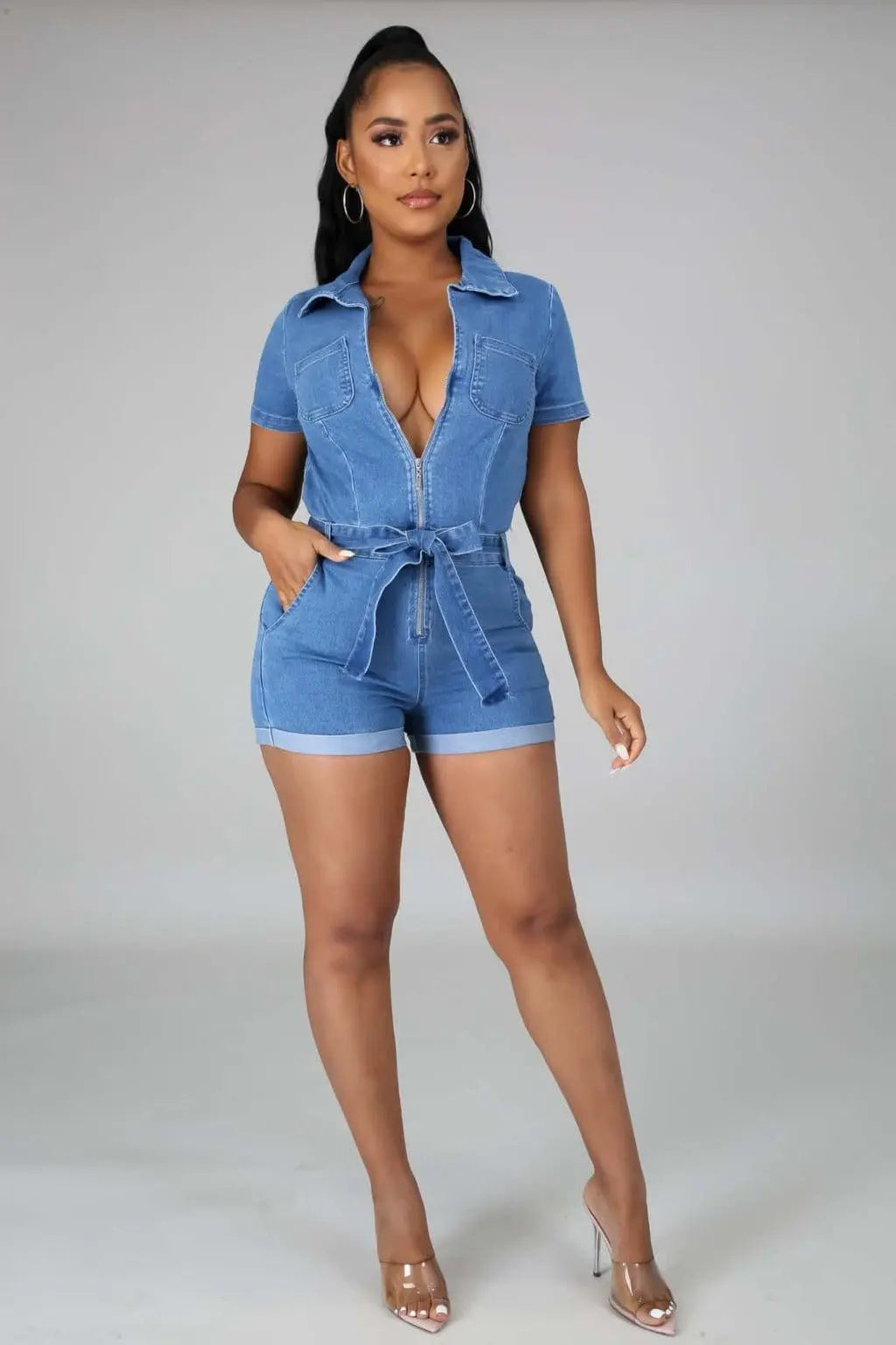 Serina Bow Denim Romper - Blue ROMPER Epicplacess S Blue 