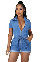 Serina Bow Denim Romper - Blue ROMPER Epicplacess   