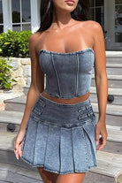 Pleated Women's Denim Skirt Set Sets Epicplacess   