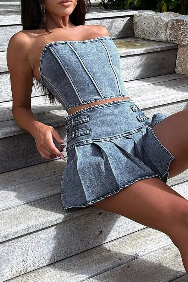 Pleated Women's Denim Skirt Set Sets Epicplacess S Blue 