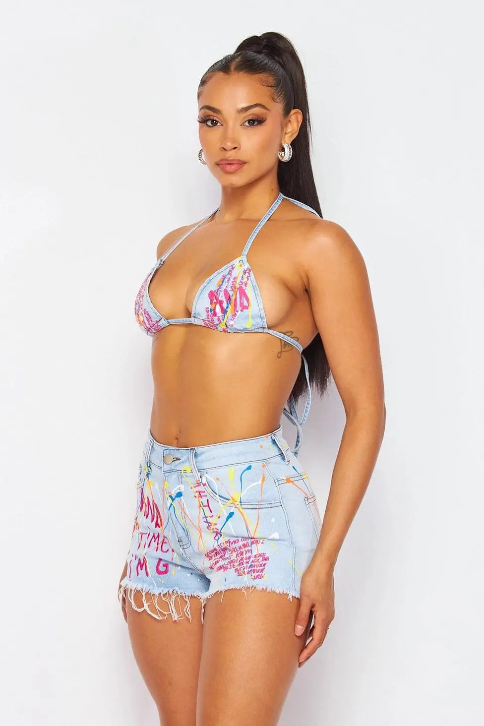 Chapter Splatter Letter Denim Short Set-Blue Shorts Epicplacess   