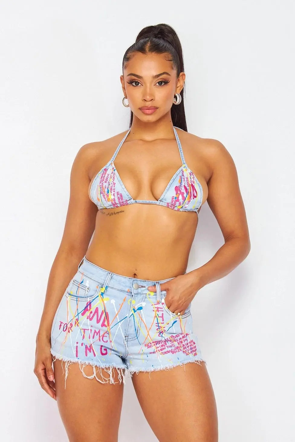 Chapter Splatter Letter Denim Short Set-Blue Shorts Epicplacess S Blue 