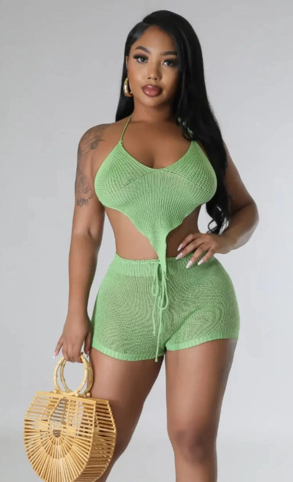 Asymmetric Knit Shorts Sets-Green Shorts Epicplacess   