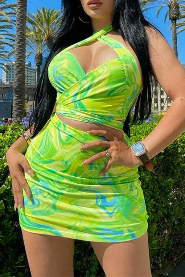 trendy Sexy Off-Shoulder Tie-Dye Skirt Set-Green SKIRT Epicplacess S Green 