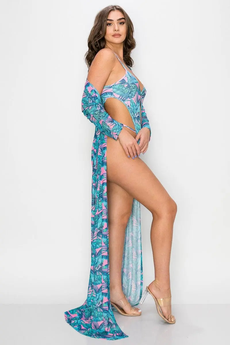 Tropical Print Bodysuit SET-Blue Swimsuit Epicplacess   